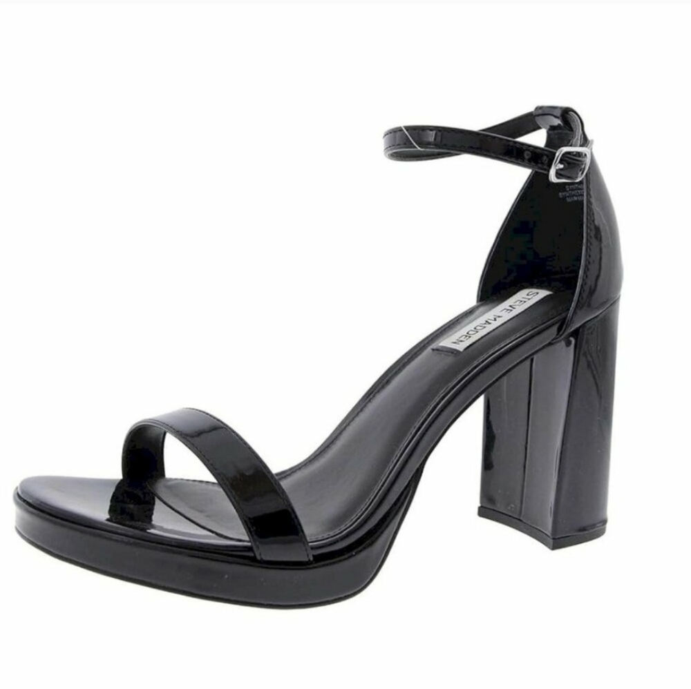 STEVE MADDEN SUSAN BLACK PATENT 4" HEELED SANDALS SIZE 9.5 BY NEW IN BOX